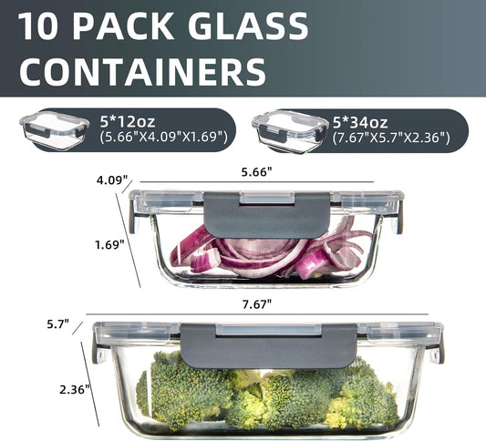 UMEIED Glass Meal Prep Containers - 10 Pack Glass Food Storage Containers with Lids for Lunch, On-the-Go, Leftovers, Pantry Organization - Microwave, Oven, Freezer, and Dishwasher Safe