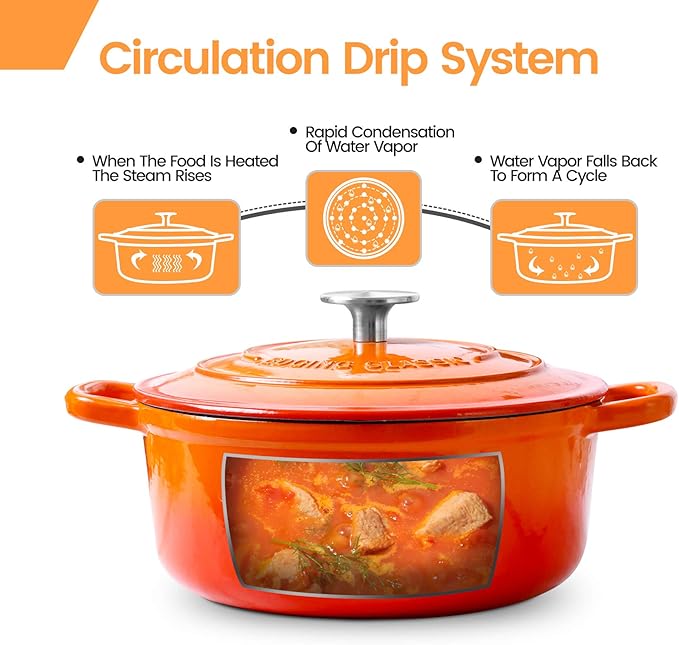 Enameled Cast Iron Dutch Oven, 5.5 Quart, Round Cast Dutch Ovens Pot with Lid Dual Handle for Bread Baking, Oven Safe up to 500°F, Orange