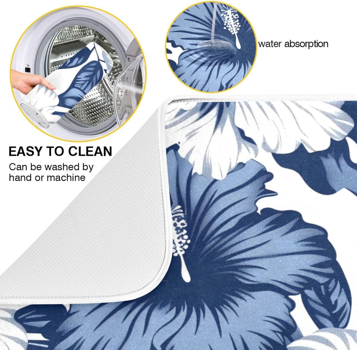 Blue White Hibiscus Flowers Dish Drying Mat for Kitchen Counter Super Absorbent Dishes Pad Reversible Microfiber Protector Dish Draining Mats 16x18 inch
