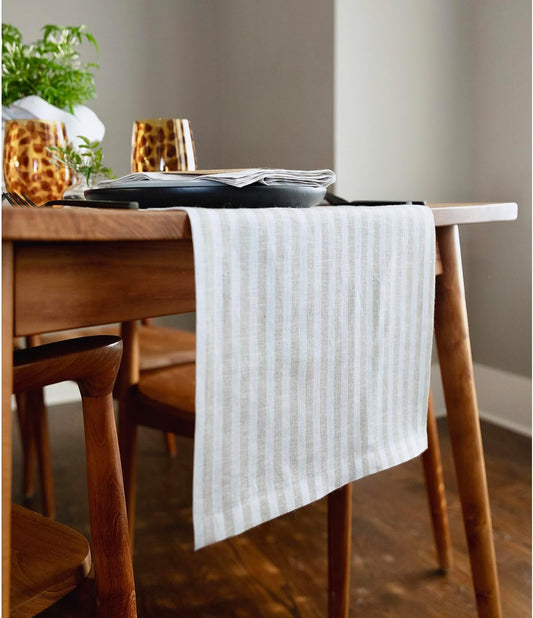 Solino Home Linen Table Runner 156 Inches Long - Amalfi Stripe, 100% Pure Linen Natural and White Table Runner 14 x 156 Inch for Dining, Thanksgiving