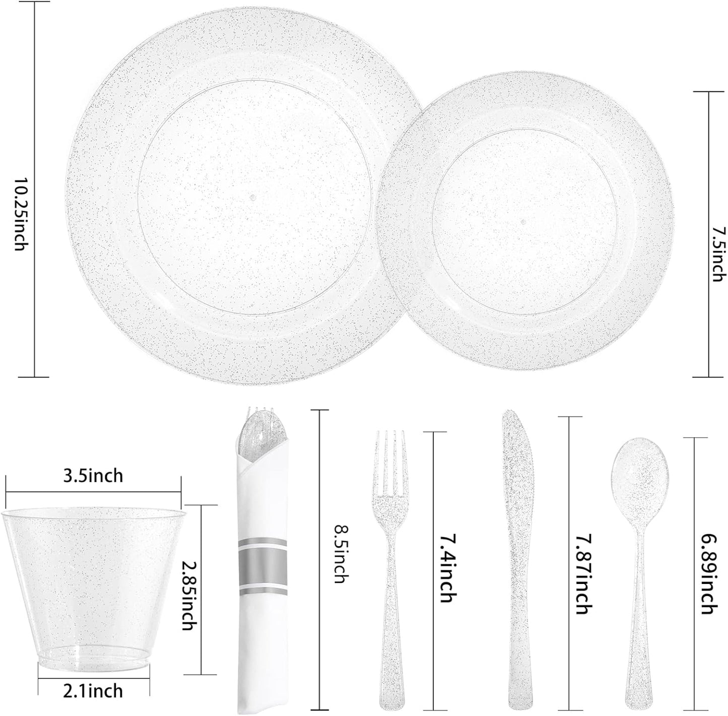 DaYammi 350 Pieces Silver Glitter Dinnerware Set 50 Guest for Party- 50 Dinner Plates, 50 Dessert Plates- 50 Per Rolled Napkins with Silver Cutlery- 50 Disposable Cups 9 OZ
