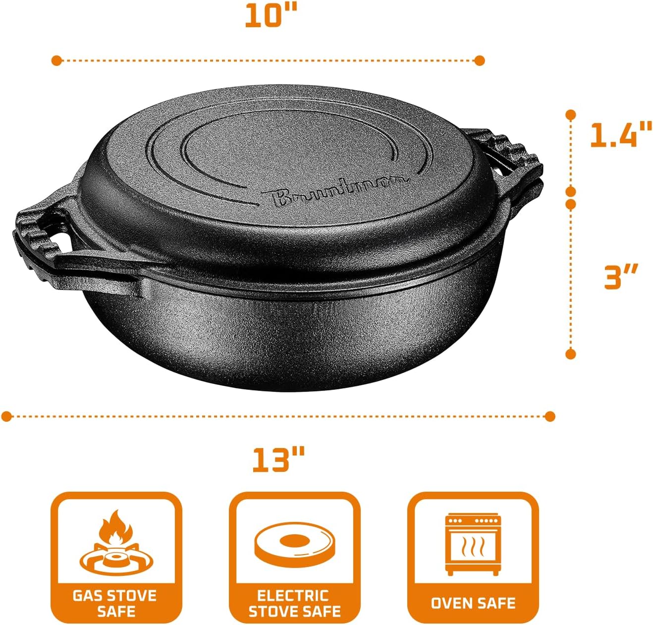 Bruntmor 2-in-1 Pre-Seasoned Cast Iron Dutch Oven with Dual Handles, Cocotte Double Braiser Pan with Grill Lid 3.3 Quarts - BBQ Grill, Fryer - Outdoor Cookware Set with Dual Handles, Camping,- Black