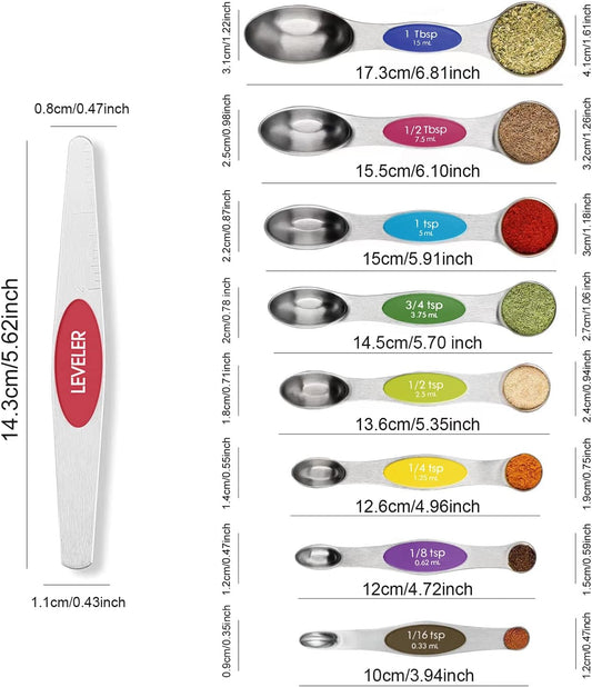 Magnetic Measuring Spoons Set Stainless Steel with Leveler, 9pcs Multicolors Measuring Cups Set for Baking, Measuring Cups and Spoon Set Kitchen Gadgets Apartment Essentials Fits in Spice Jars