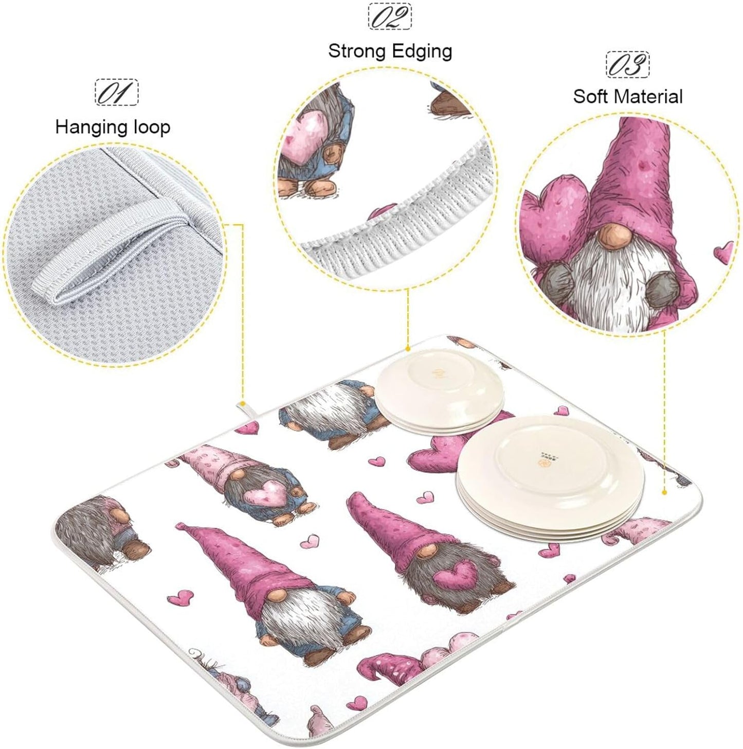 Cute Gnomes with Pink Hats Dish Drying Mat Super Absorbent Drying Mat 18x24 inch Large Dish Drying Mats for Kitchen Counter Dish Drying Pads Kitchen Drying Matt for Countertop