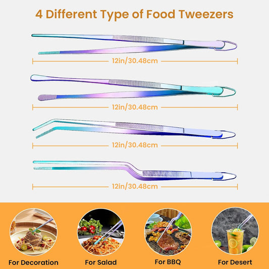 GEEKHOM Tweezer Tongs for Cooking, [4 Pack]12-inch Fine Long Food Tongs, Stainless Steel Kitchen Tweezers, Professional Chef Tongs for BBQ, Baking, Roasting, Dessert Decoration, Steak, Salad, Colorful