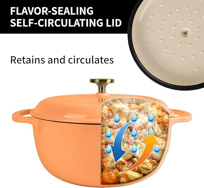 Premium Enameled Cast Iron Dutch Oven for Bread Baking | Non-Stick 2QT Oval Bread Oven with Lid | Perfect for Sourdough, Loaf, and Artisan Baking (Round Orange, 5.5 QT)