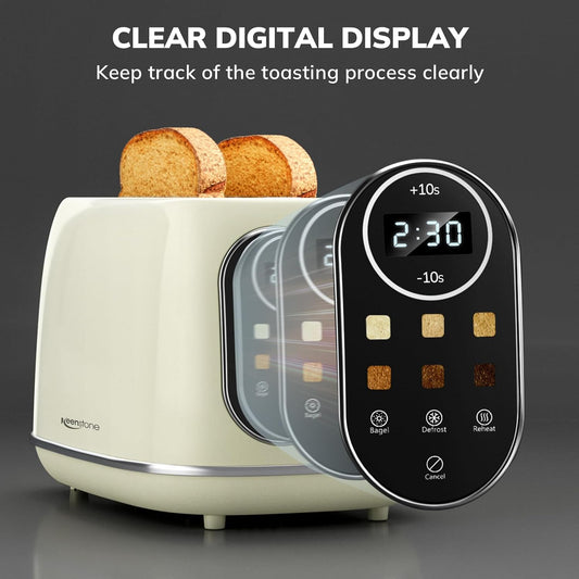 Keenstone Smart Touch Screen Toaster 2 Slice, Retro Wide Slot Stainless Steel Toaster with 6 Browning Levels, Reheat & Defrost, for Bagel, Toast, Bread, Removable Crumb Tray, Beige