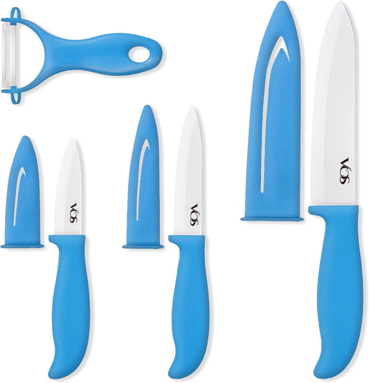Vos Ceramic Knife Set with Peeler, Ceramic Knives Set For Kitchen, Ultra Sharp Kitchen Knife Set with Covers, 3" 4" 6" Paring, Utility & Chef Knife, Ultra Sharp, Lightweight, Dishwasher safe (Blue)
