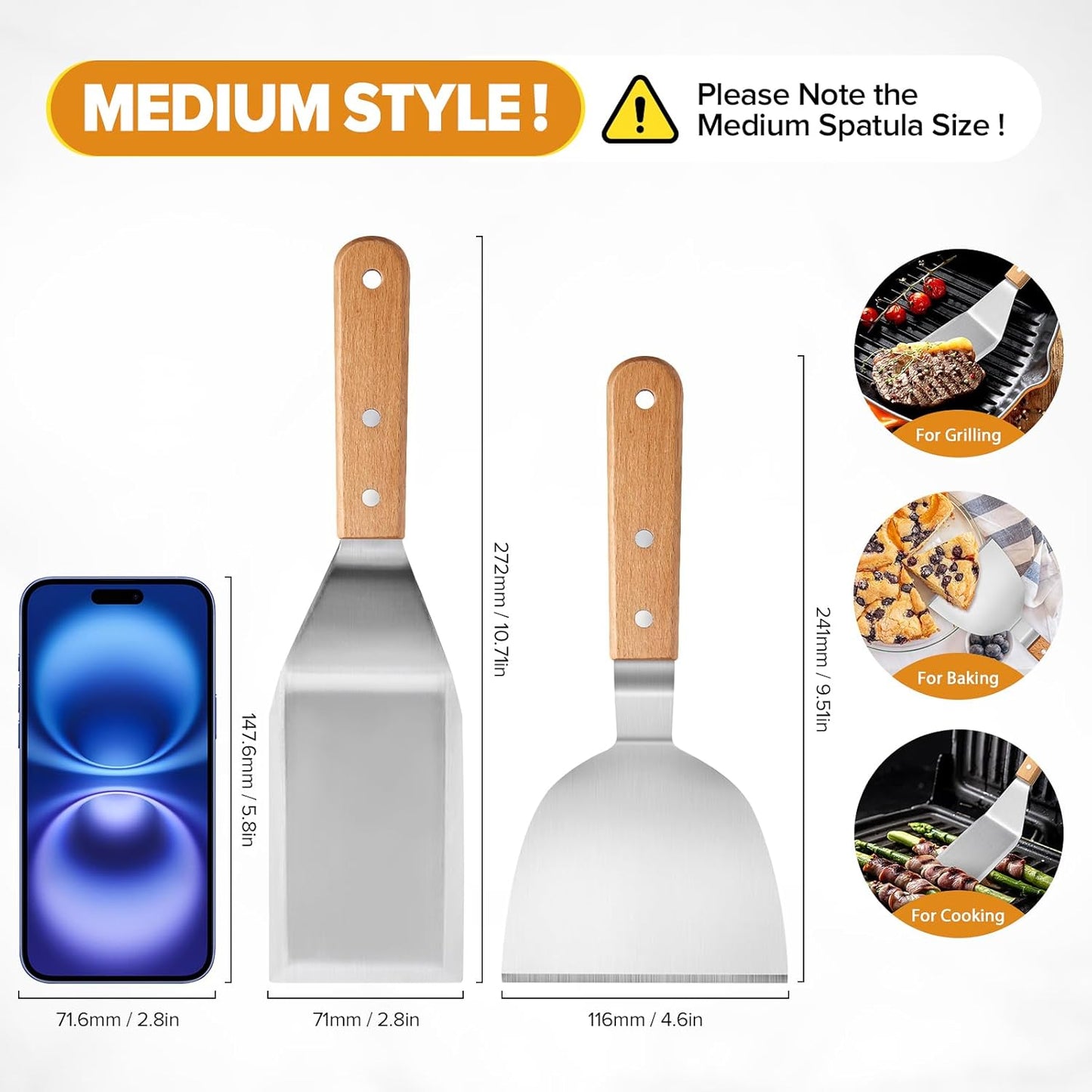 Metal Spatula Set,Fish Griddle Spatulas,Stainless Steel Spatula Turner with Wooden Handle,Small Wide Beveled Edges Spatulas Flippers for Cast Iron Skillet, Pancake, Egg, Burger, Omelet, 2 Pack