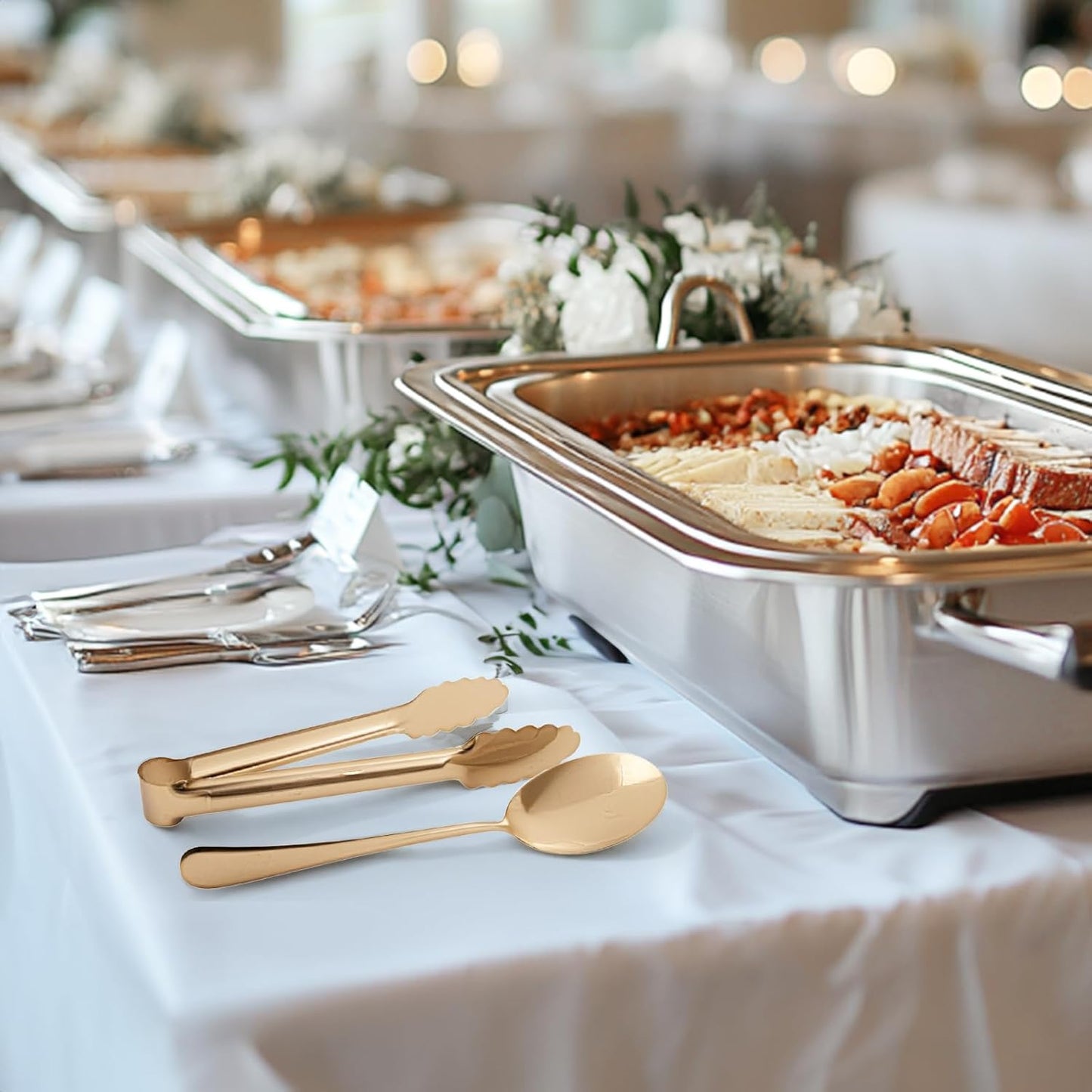 12PCS Stainless Steel Serving Utensils Sets with 8 Large Serving Spoons,4 Serving Tongs,Gold Serving Utensills Sets for Buffet Catering Banquet Party (Gold)