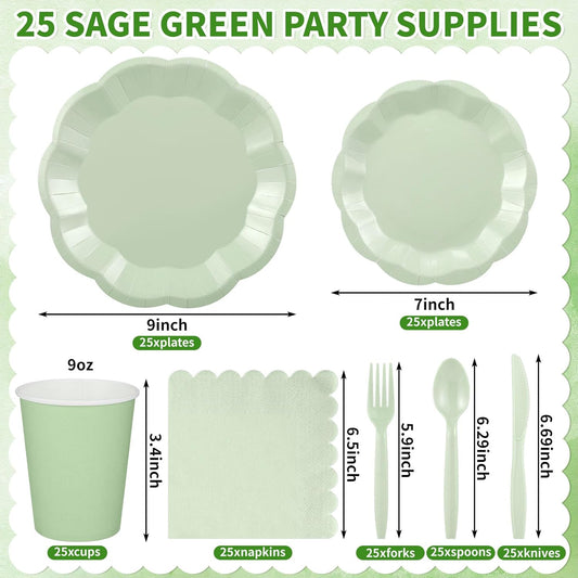 175 Pcs Sage Green Plates and Napkins Set, 25 Guest Sage Green Party Supplies Include Scalloped Plate Napkin Cup Forks Knives Disposable Plastic Cutlery for Wedding Baby Shower Birthday