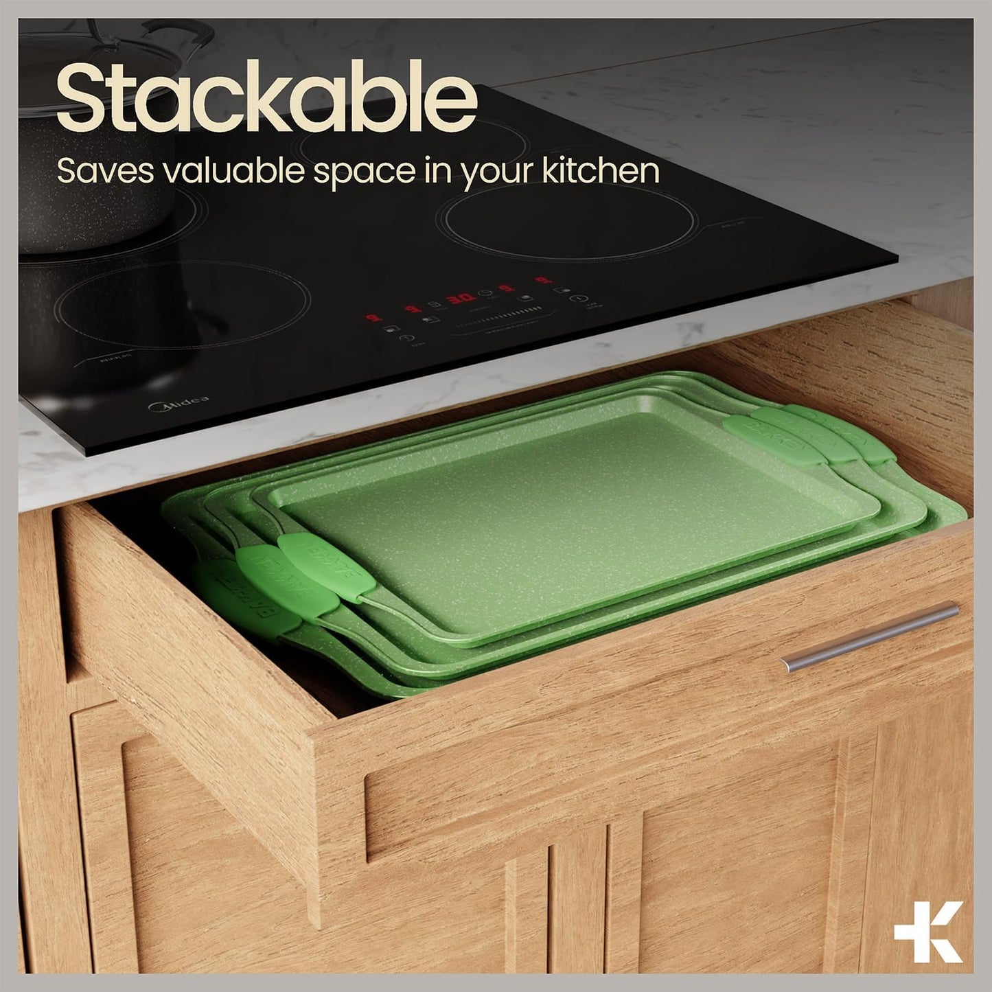 BAKKEN Kitchen Baking Pan Set - Nonstick Green Marble Coating, Carbon Steel Bakeware Sets with Green Silicone Handles, Kitchen Essentials, PFOA, PFOS, PTFE Free, Oven Safe (Up To 450° F), Set of 18