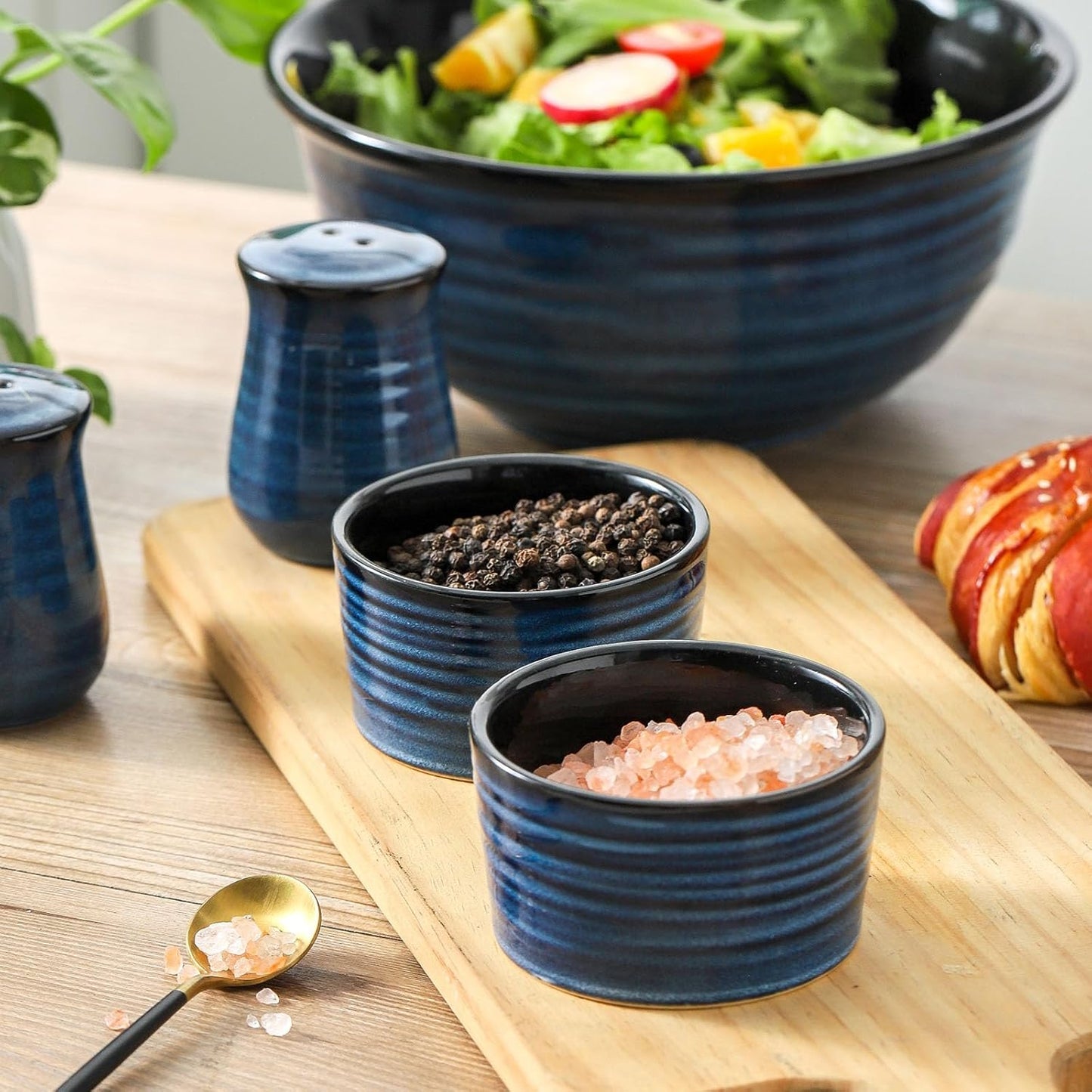 Ceramic Ramekins 6 oz, Oven Safe Souffle Dish Set of 6 for Baking, Porcelain Dipping Sauce Bowls for Creme Brulee,Stackable Custard Cups for Pudding, Ice Cream, Lava Cakes, Blue