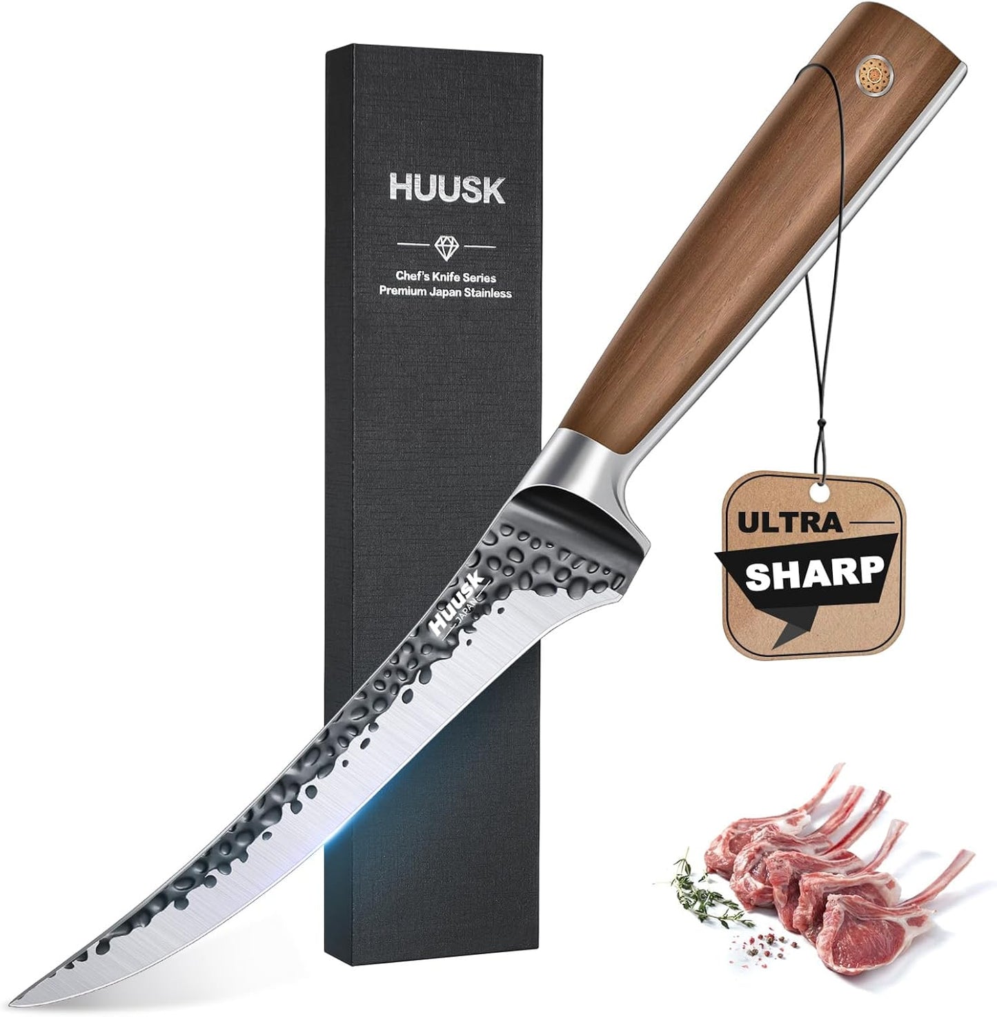 Huusk Boning Knife 6 Inch Fillet Knife for Meat Brisket Trimming Knife Japan Hand Forged Deboning Knives Full Tang Meat Cutting Butcher Knife for Kitchen Cooking BBQ