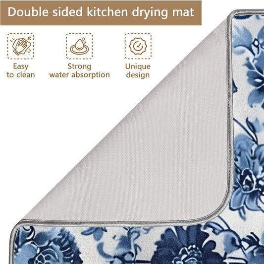 Dish Drying Mat for Kitchen - Blue Flower Print Microfiber Kitchen Mat, Watercolor Non-Slip Absorbent Sink & Countertop Protector, Reusable for Dishes Bowl Cup Pan 18x24 Inches