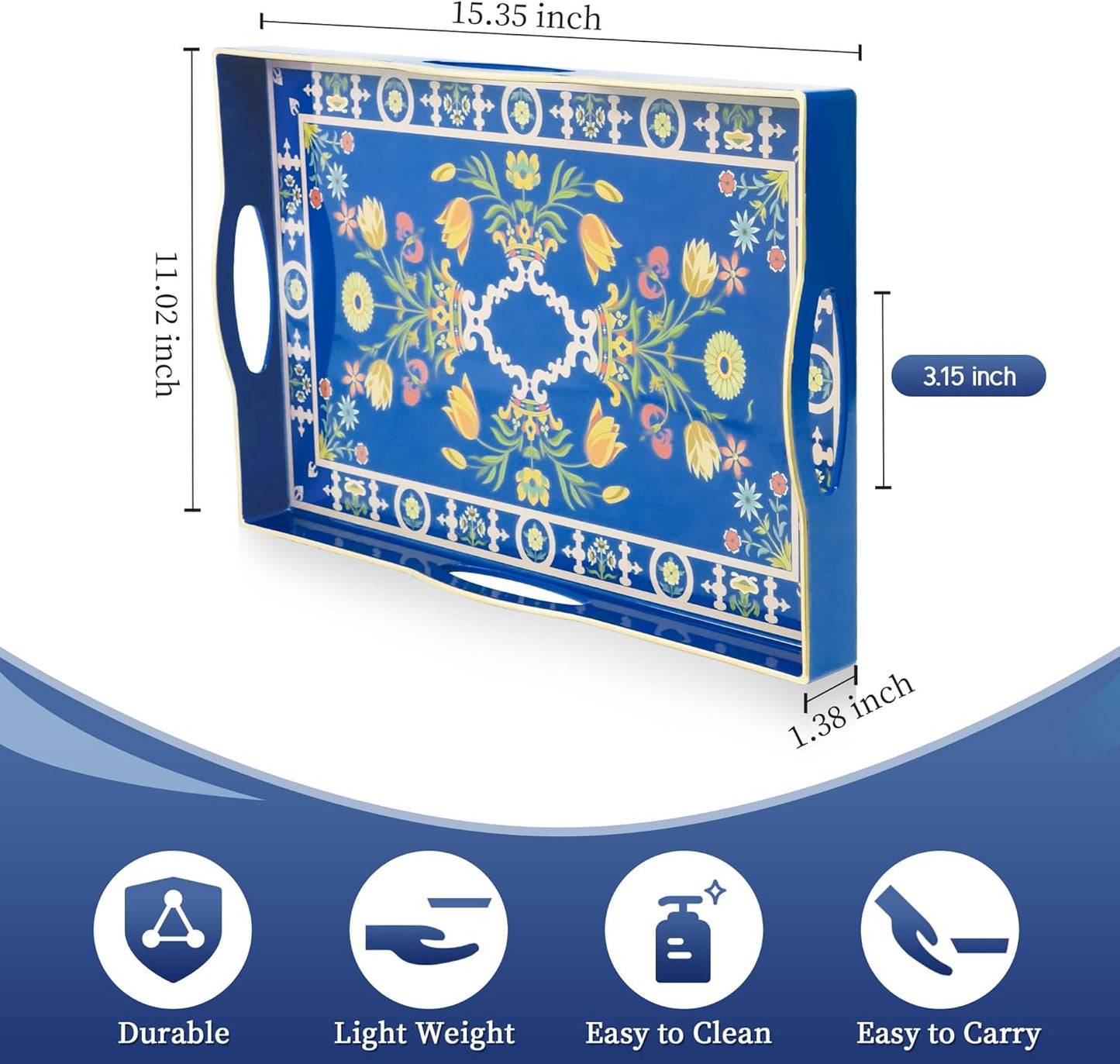 Gifturbo Blue Decorative Tray with Four Handles, Versatile Serving Tray for Coffee Table, Ottoman, Ideal for Serving, Displaying, Organizing,Home Decor