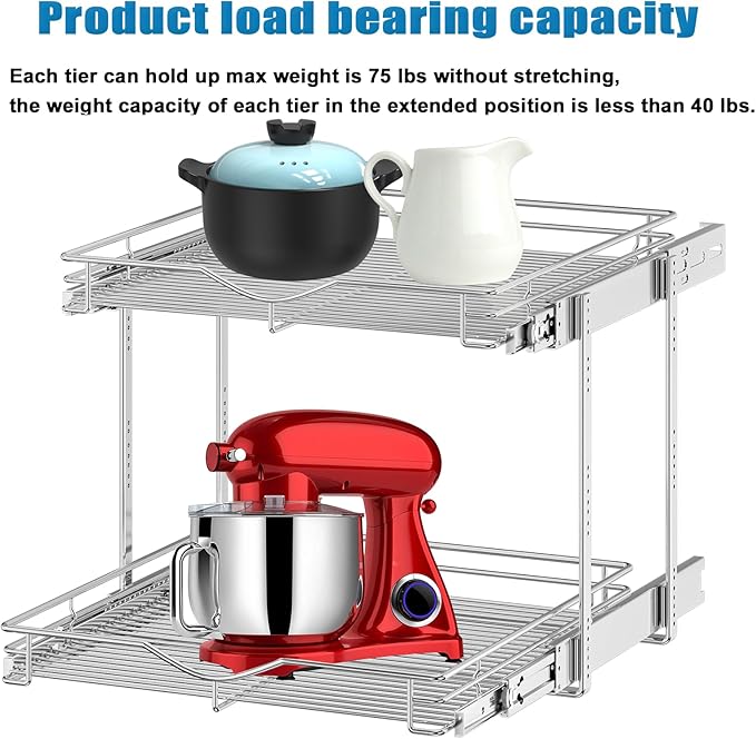 DINDON Pull Out Cabinet Organizer (22-1/2" W x 21-1/2"D), Cabinet Pull Out Shelves, 2 Tier Pull Out Drawers for Kitchen Cabinets, Wire Basket Slide Out Shelf, Pot and Pan Organizer