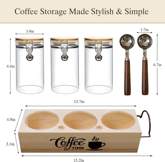 Glass Coffee Canister Set with Shelf & Spoons 3 Piece Coffee Containers for Ground Coffee Coffee Bean Storage Airtight Seal, Coffee Bar Coffee Filter Holder for Kitchen Organization