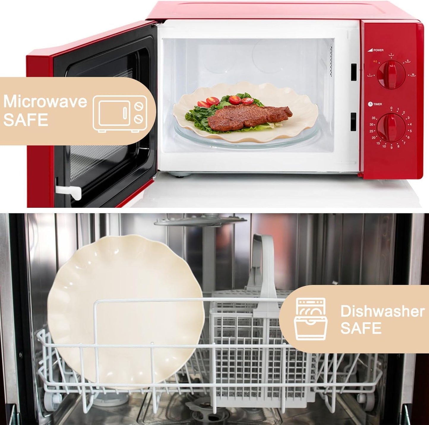 LIYH 24 Pcs Plastic Plates Reusable,Unbreakable Dinner Plates, Scalloped Plastic Plates, Dishwasher Safe,Ivory Plate Sets Perfect for Parties, Birthday, Picnics, BPA Free(12Guests)