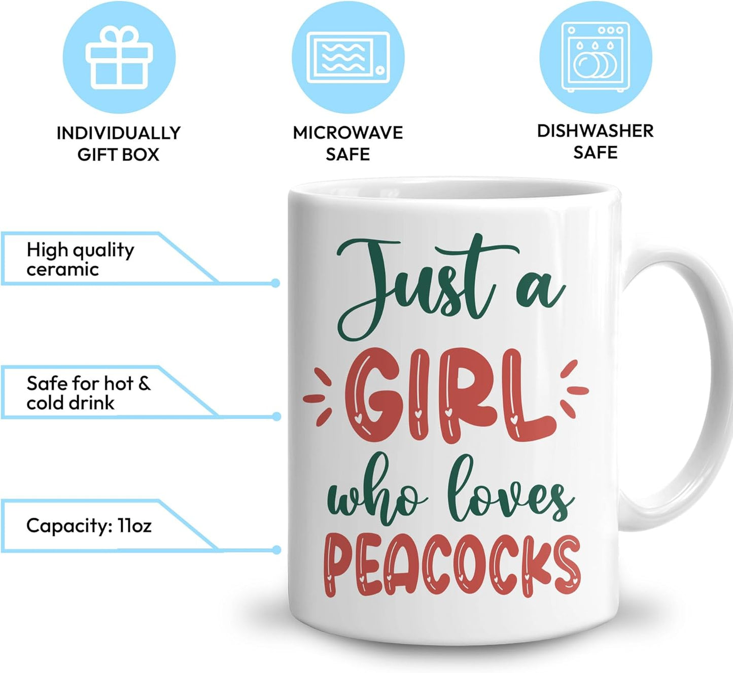 Hyturtle Personalized Gifts Peacock Lover - Just A Girl Who Loves Peacocks Custom Name Ceramic Coffee Mug Cup 11oz - Idea Cute Animal Lover Gifts For Women, Girl Daughter On Birthday, Christmas