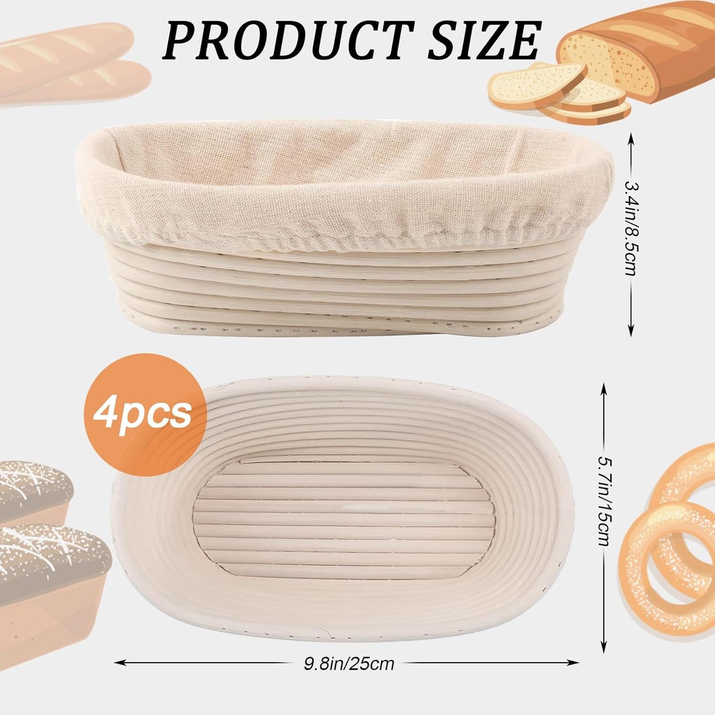 10 inch Oval Banneton Bread Proofing Basket Sourdough Bread Baking Supplies Set of 4 Sourdough Starter Kit Baking Gifts