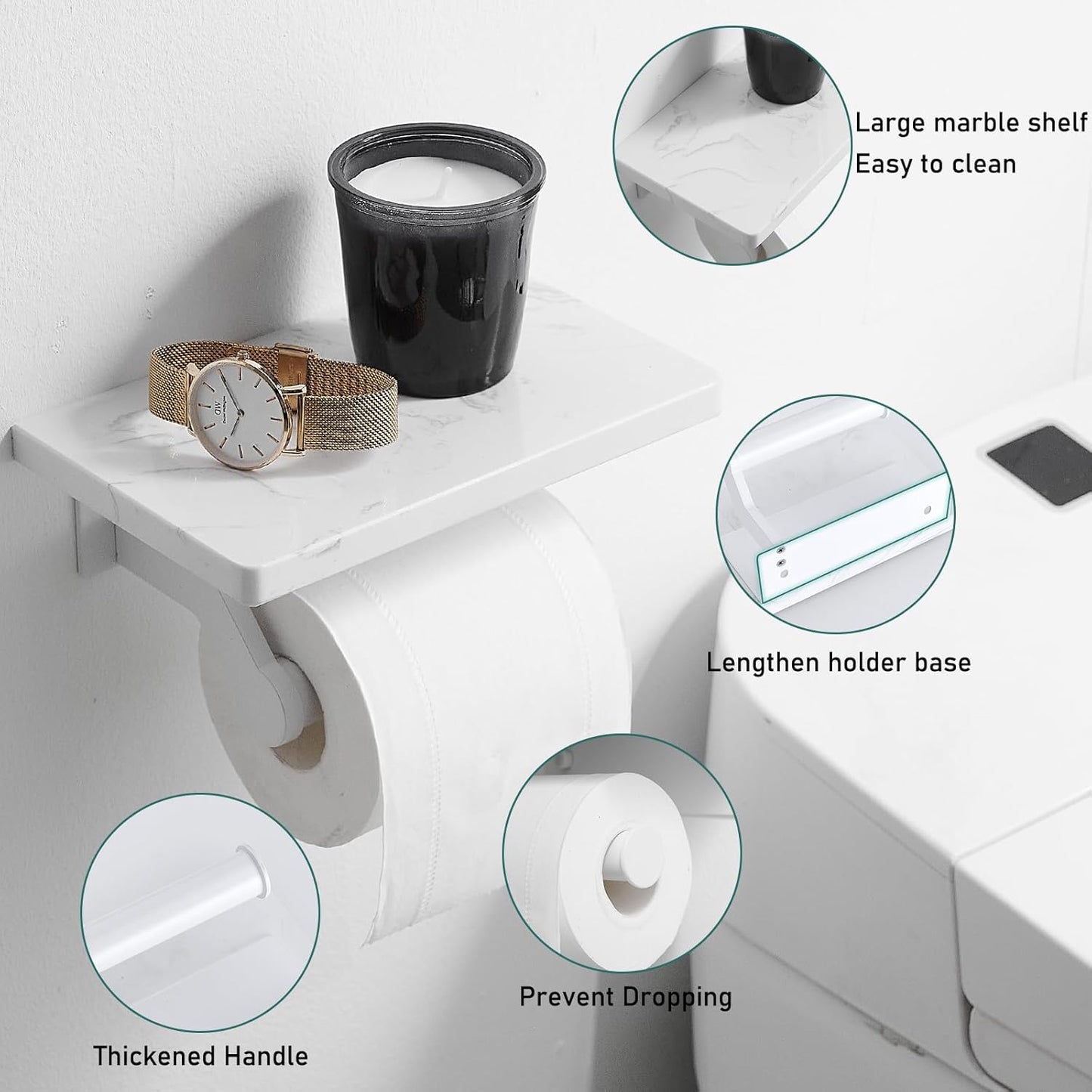 Hoimpro White Aluminum Toilet Paper Holder with White Natural Marble Shelf, Wall Mounted Tissue Hand Paper Roll Storage Holder for Bathroom Kitchen Washroom Bedroom