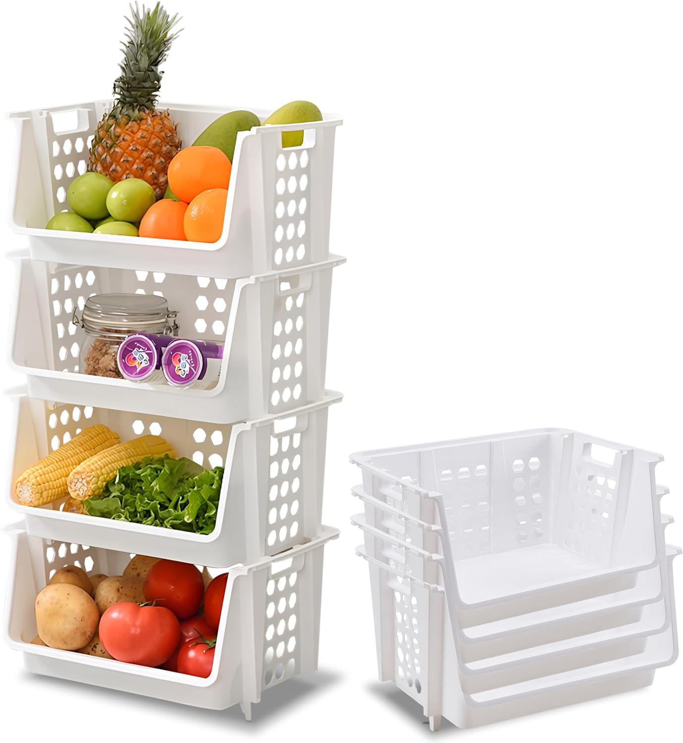 TidyFriend Plastic Stackable Bins for Pantry, 4-Pack Large Stacking Bins Open Front, Toy Organizers, Kitchen, and Bathroom Essentials (White)