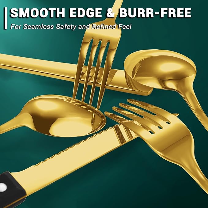BEWOS 72-Pieces Gold Silverware Set for 12 - Stainless Steel Flatware Set with Mirror Polish, Gold Silverware Set Including Steak Knives, Forks and Spoons, Dishwasher Safe for Restaurant