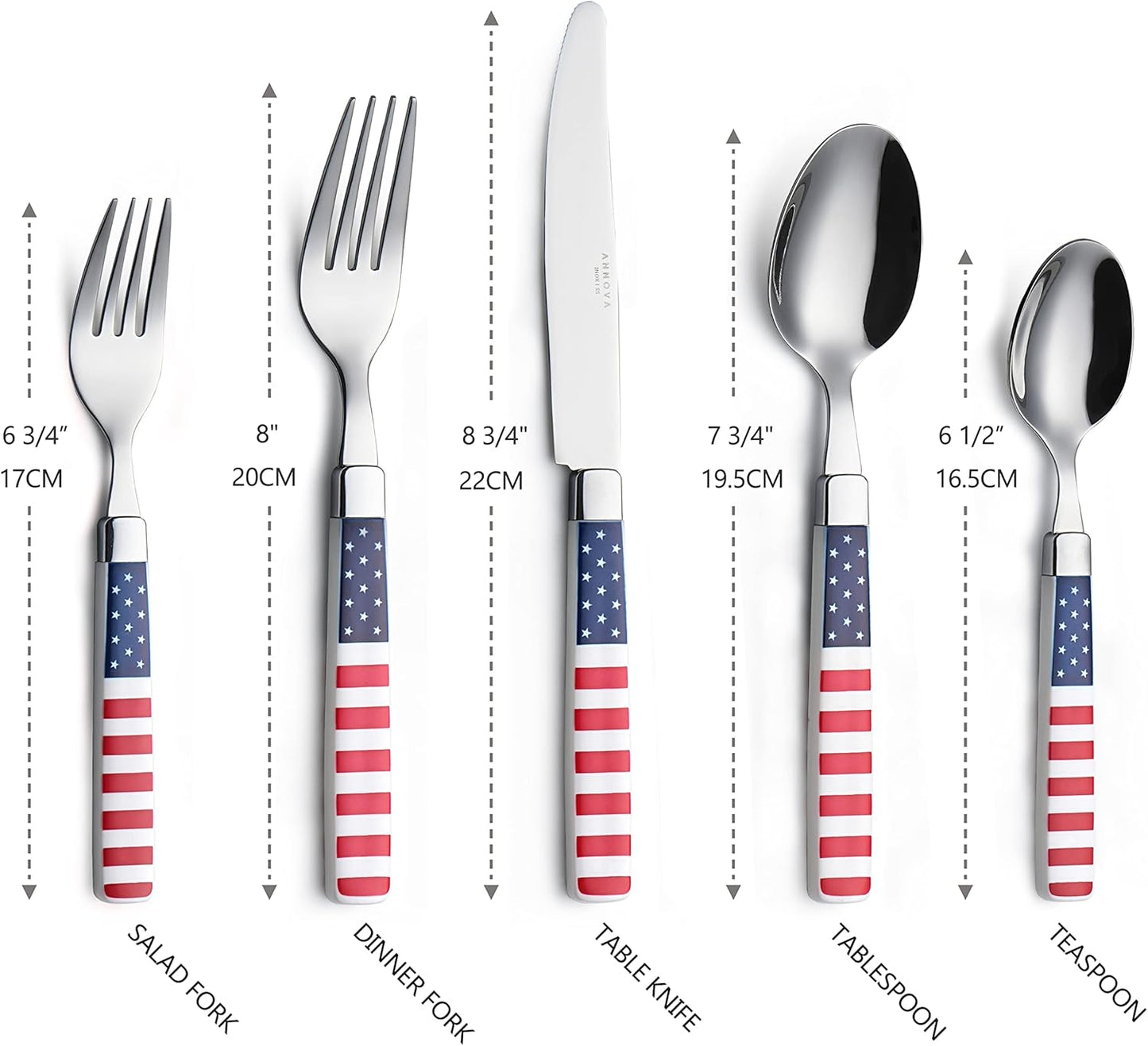 ANNOVA Silverware Set Stainless Steel Colorful Tableware Kitchen Flatware Set Utensils, Includes Dinner Knives, Forks, Spoons, Salad Forks & Dessert Spoons (US Flag, 20 Pieces)
