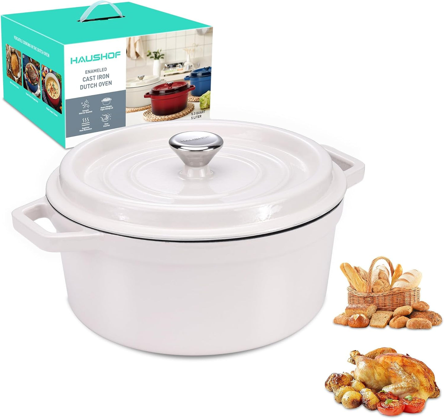 HAUSHOF 5.3QT Enameled Cast Iron Dutch Oven with Lid, Non-Stick Pot for Sourdough Bread Baking, Stewing, Rosting, Oyster White