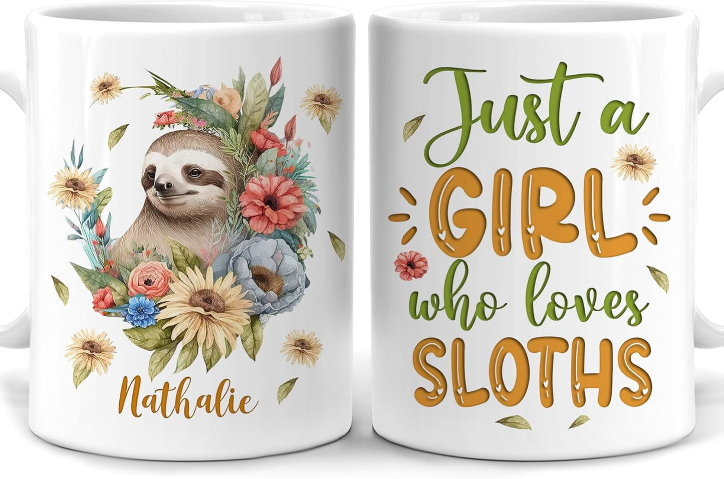 Hyturtle Personalized Gifts Sloth Lover - Just A Girl Who Loves Sloths Custom Name Ceramic Coffee Mug Cup 11oz - Idea Cute Animal Lover Gifts For Women, Girl Daughter On Birthday, Christmas