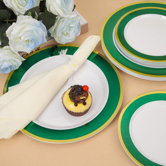 100Pack Plastic Plates Disposable Heavy Duty for Christmas Include 50PCS 10.25inch Dinner and 50PCS 7.5inch Dessert Plastic Plates for Party Wedding Birthday New Year,Green