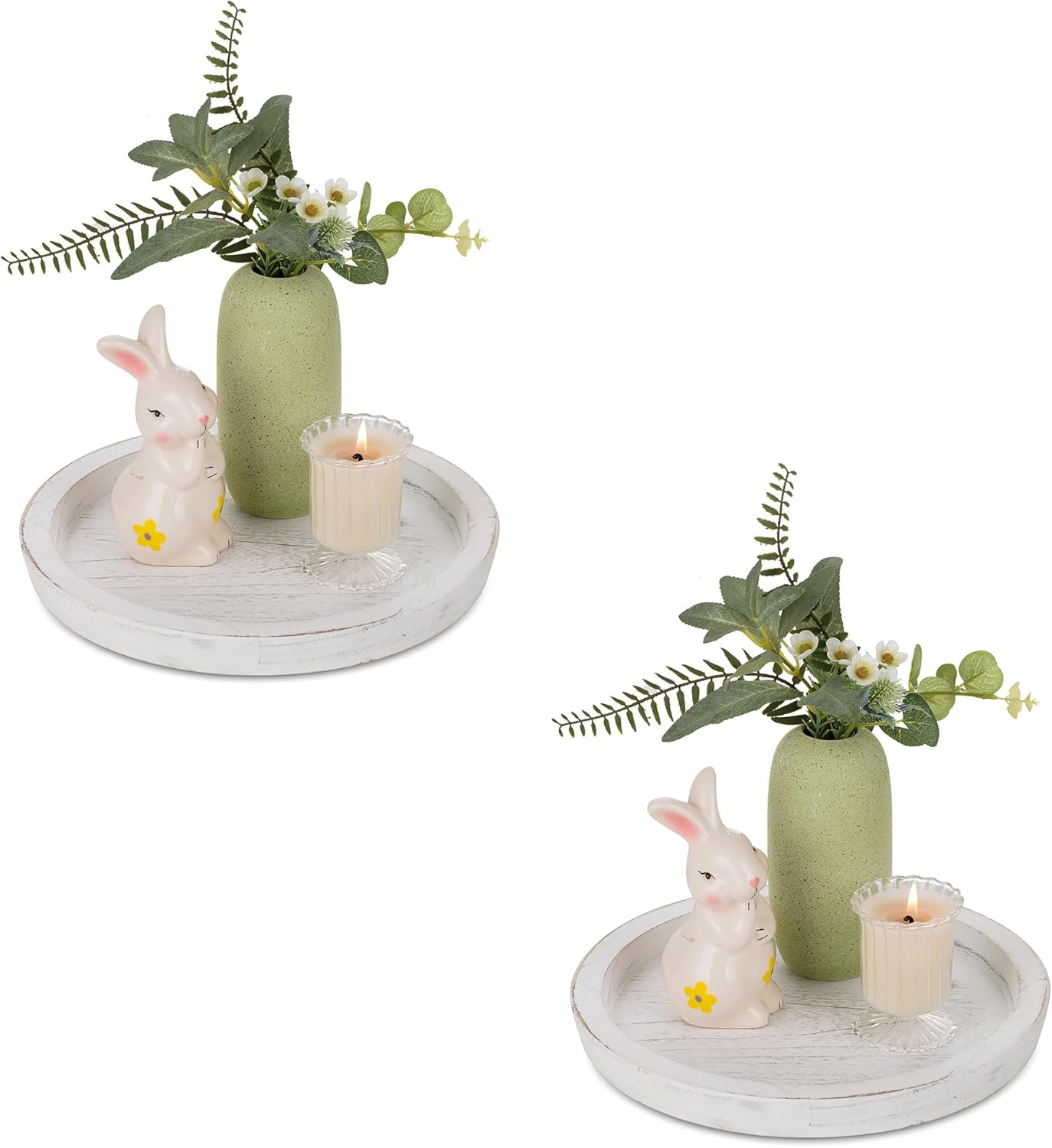 Hanobe Rustic Wooden Serving Tray: Round Wood Decorative Tray Rustic White Set of 2 Centerpiece Candle Holder Trays Farmhouse Ottoman Tray for Kitchen Counter Home Decor for Coffee Table