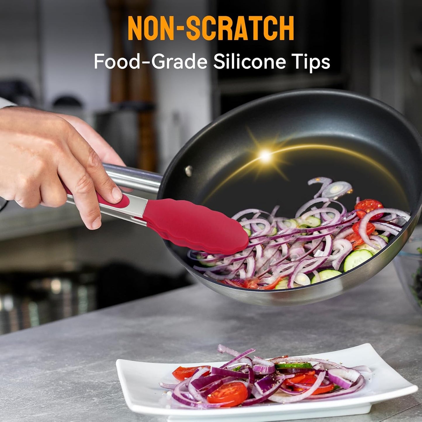 HOTEC Premium Stainless Steel Locking Kitchen Tongs with Silicon Tips, Set of 3-7", 9" and 12" (Red)