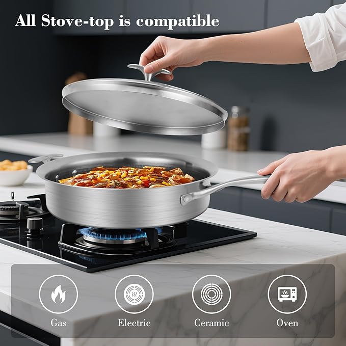 12 Inch Frying Pan Non Stick with Lid, Tri-ply Stainless Steel Saute Pan 5.2QT with Stainless Steel Lid, Fast and Even Heating Stay Cool Handles Induction Dishwasher & Oven Safe PFOA Free Cookware