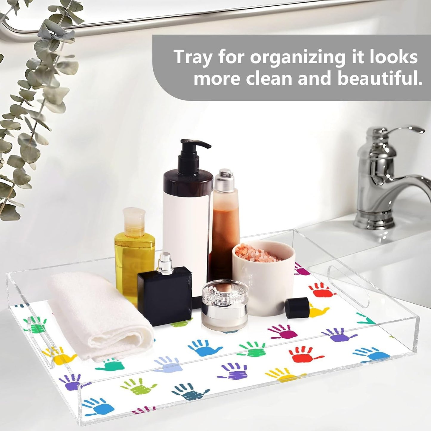 Acrylic Serving Tray with Handles Spill Proof Kitchen Storage Tray Clear Decorative Tray Makeup Drawer Organizer Storage Tray for Bathroom Living Room Ottoman 15.7x11.8Inches