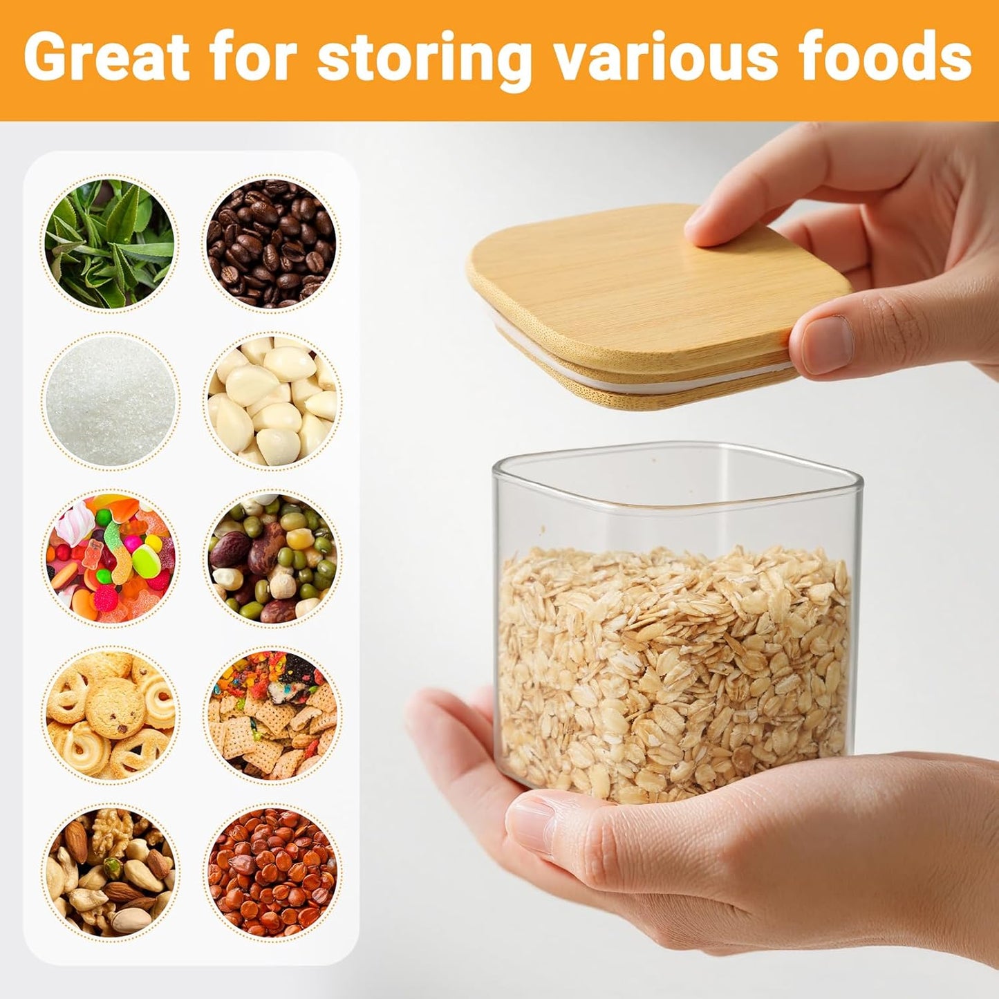 Square Glass Jar with Lid, 12 Fl.oz Glass Jars with Bamboo Lids Set of 2, Kitchen Pantry Storage Containers for Spice, Sugar, Coffee, Tea, Candy, Nuts - Included Labels, Marker and Spoon