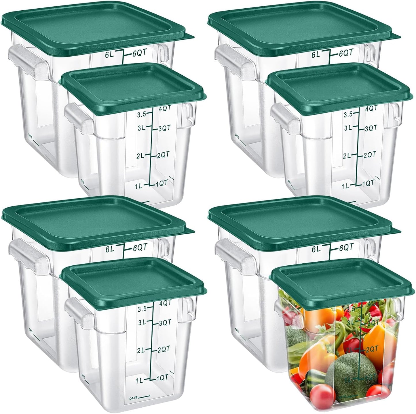 Suclain 8 Pack 4 QT and 6 QT Food Storage Containers with Lids Scales Handles Square Clear Restaurant Food Storage Containers Polycarbonate Commercial Grade for Kitchen Marinating Meat Dough(Green)
