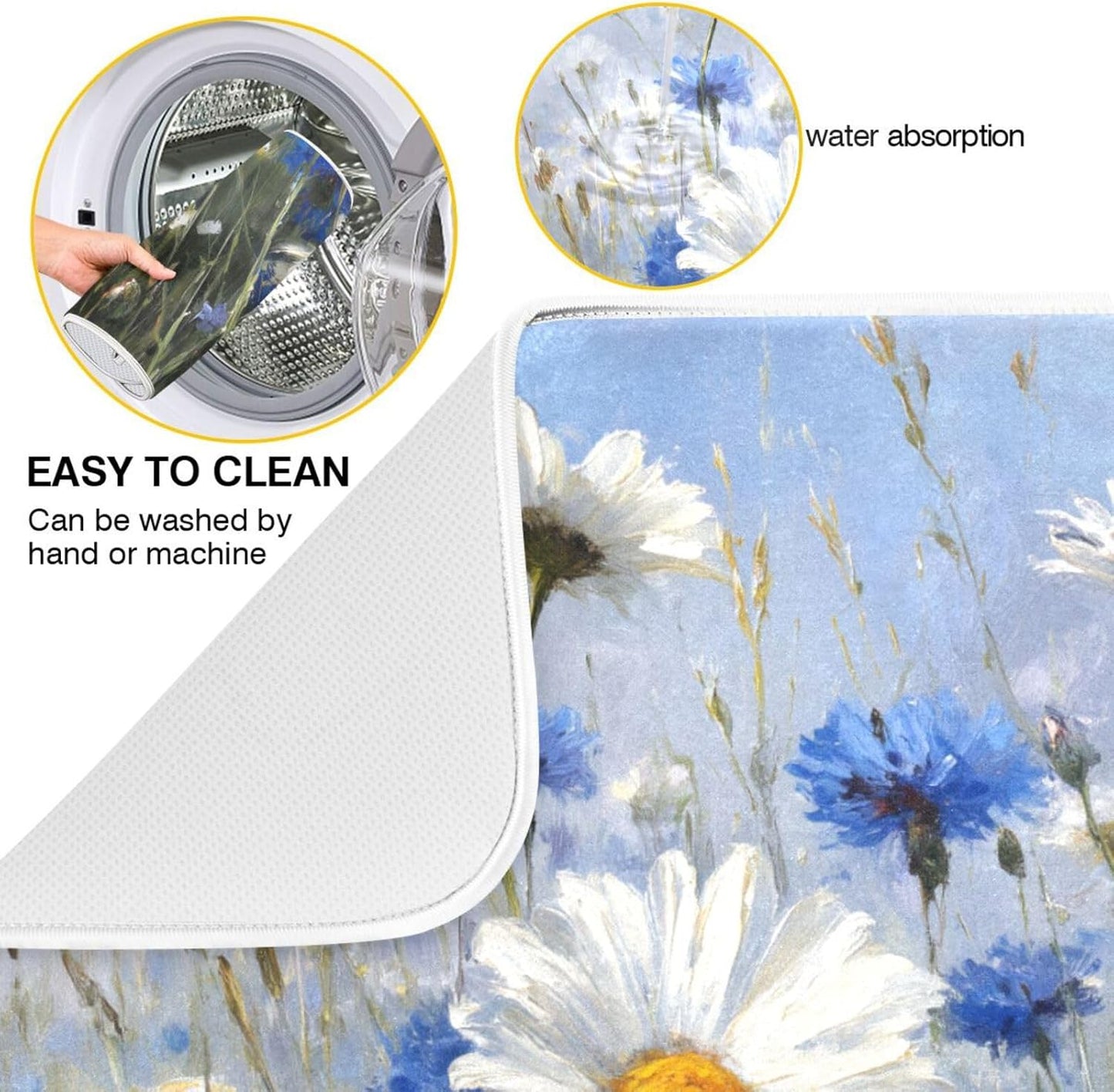 White Daisies and Cornflowers Dish Drying Mat for Kitchen Counter Super Absorbent Dishes Pad Reversible Microfiber Protector Dish Draining Mats 16x18 inch