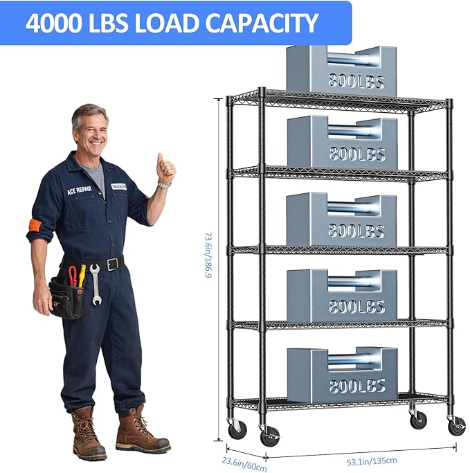 IZEUK Heavy Duty Garage Shelving, 5 Tier Wide Metal Storage Shelf Rack, Adjustable Utility Organizer for Basement, Garage, Black, 23.6" D x 53.1" W x 73.6" H