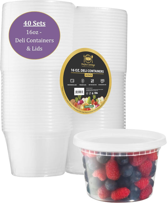 Perfect Settings 16 oz Deli Containers with Lids [40 Sets] Leakproof, Microwavable, Freezer, Dishwasher Safe, Pint Size Plastic Food Storage Container