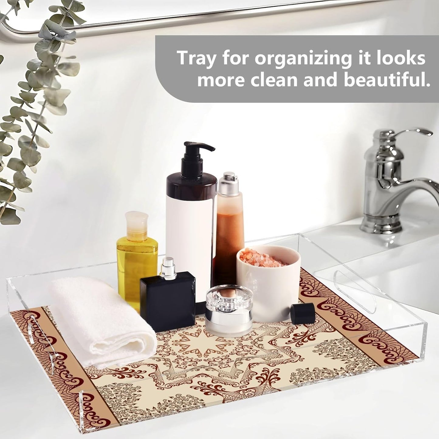 Acrylic Serving Tray with Handles Spill Proof Kitchen Storage Tray Clear Decorative Tray Makeup Drawer Organizer Storage Tray for Bathroom Living Room Ottoman 15.7x11.8Inches