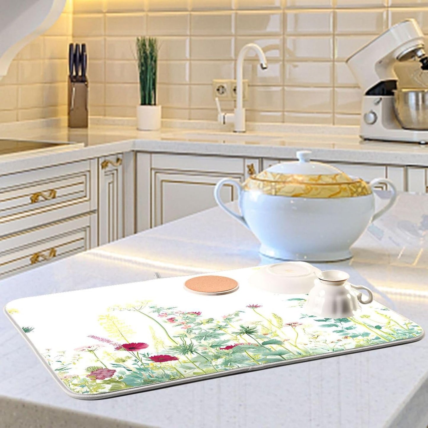 Spring Summer Herbs Flowers Plants Dish Drying Mat for Kitchen Counter Absorbent Dish Drainer Mats Drying Pads 18"x24"