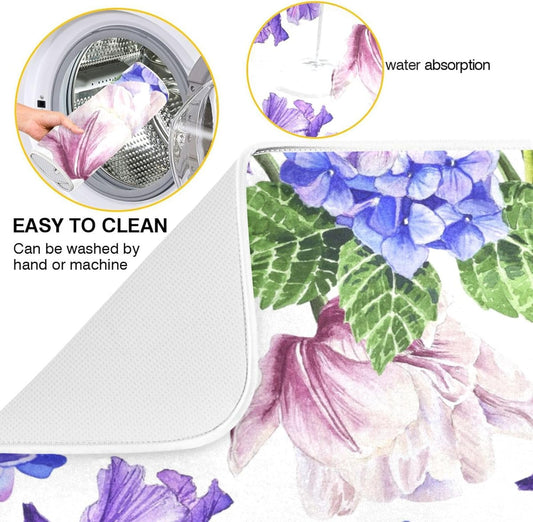 Watercolor Flowers and Hydrangeas Dish Drying Mat Super Absorbent Drying Mat 18x24 inch Large Dish Drying Mats for Kitchen Counter Dish Drying Pads Kitchen Drying Matt for Countertop