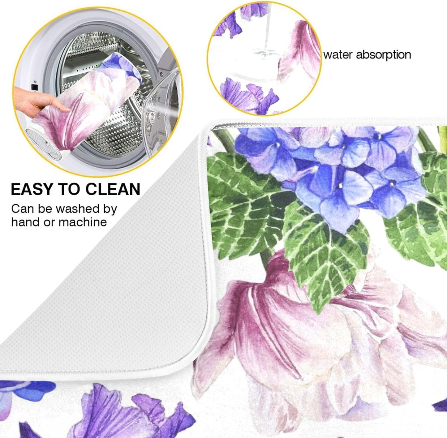 Watercolor Flowers and Hydrangeas Dish Drying Mat Super Absorbent Drying Mat 16x18 inch Large Dish Drying Mats for Kitchen Counter Dish Drying Pads Kitchen Drying Matt for Countertop