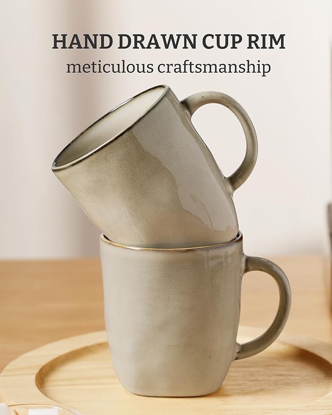 famiware Coffee Mugs Set of 6, Ocean Square 13oz Coffee Cup Set with Handle for Cocoa, Milk, Hot Chocolate, Tea, Water, Stoneware Cups for Kitchen, Microwave and Dishwasher Safe, Light khaki