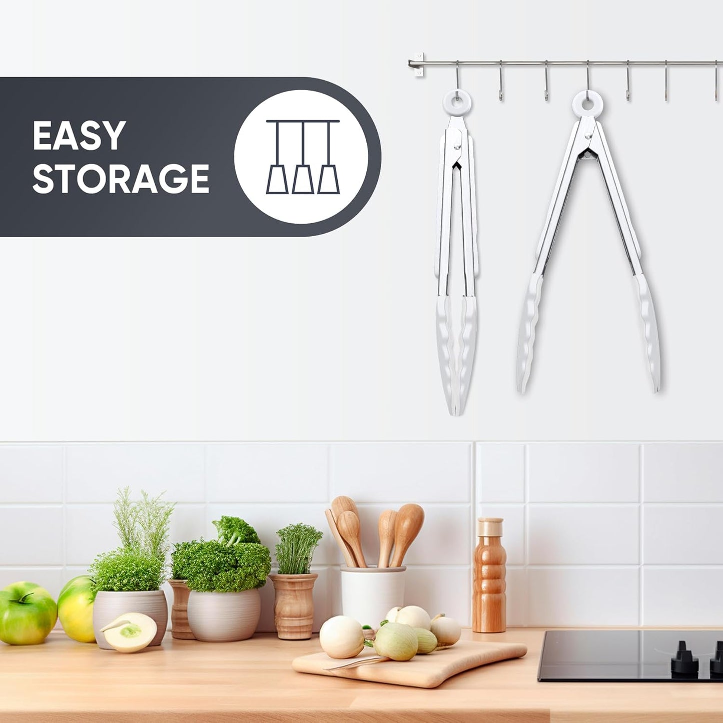 9 Inch Kitchen Tongs, Cooking Tongs with Silicone Tips and Stainless Steel Handle, Non Stick Heat Resistant Tongs for Cooking, Buffet, Salad Serving (9", White)