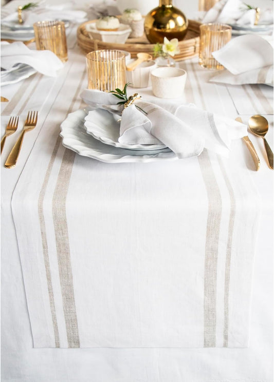 Solino Home Linen Table Runner 90 Inches Long - French Stripe, 100% Pure Linen Natural and White Farmhouse Table Runner 14 x 90 Inch Ideal for Dining, Fall, Autumn, Thanksgiving