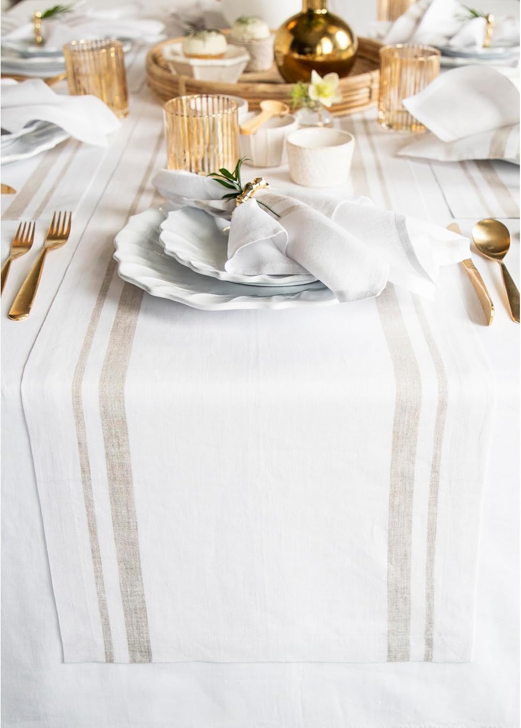 Solino Home Linen Table Runner 48 Inches - 100% Pure Linen Natural and White French Stripe Table Runner 14 x 48 Inch Ideal for Dresser and Coffee Tables - Fall, Halloween, Thanksgiving, Holiday