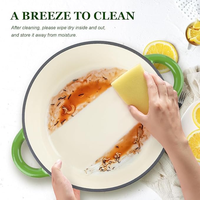 Overmont Enameled Cast Iron Dutch Oven - 5.5QT Pot with Lid Cookbook & Cotton Potholders - Heavy-Duty Cookware for Braising, Stews, Roasting, Bread Baking Green